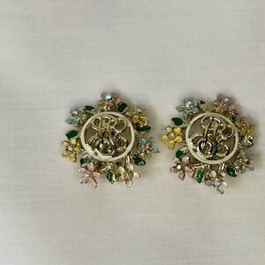 Vintage Pastel  Flower Rhinestone Clip On Earrings